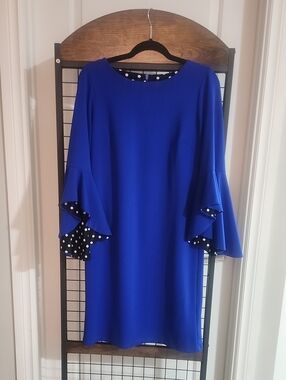 Elegant Royal Blue Long-Sleeve Ruffle Dress with Polka Dot Accents
